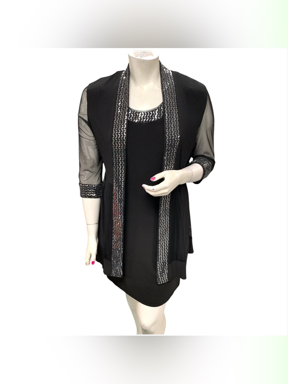 R&M Richards Black Mesh Sleeve Cardigan with Metallic Trim Size L